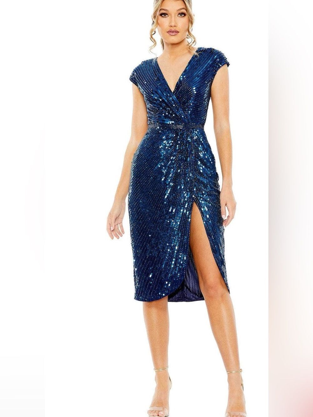 Mac Duggal Navy Blue Sequin V-Neck Midi Dress
